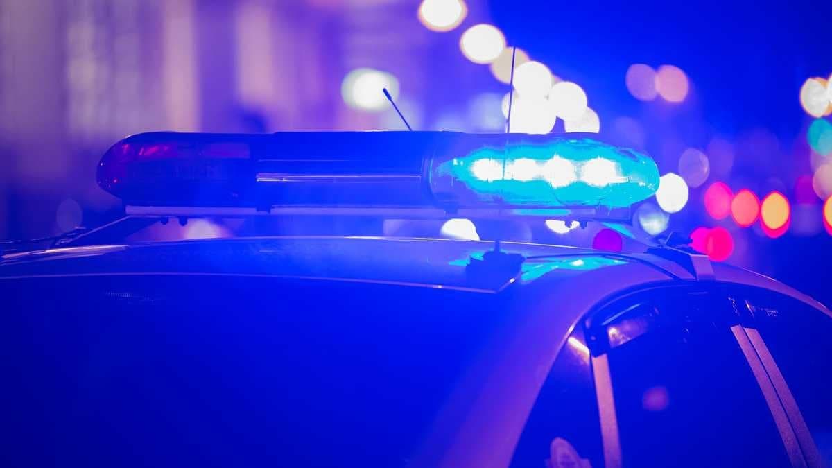 carro de polícia com luzes azul e vermelha piscando estacionado em uma rua da cidade durante o dia, com palmeiras e prédios baixos ao redor