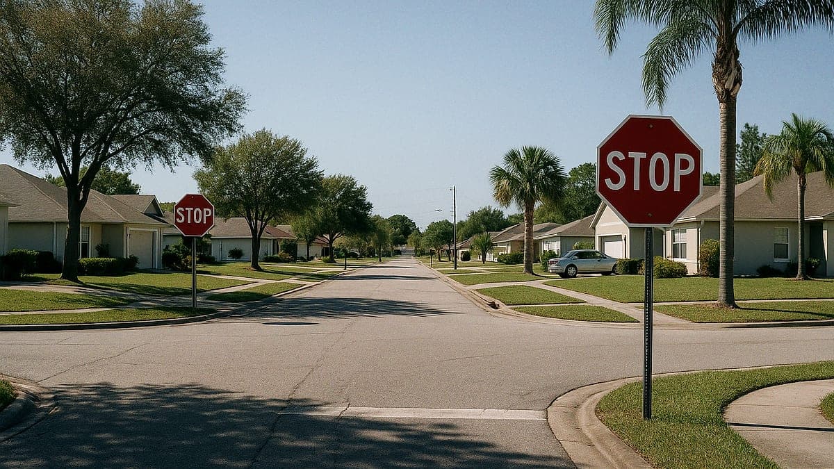 Cruzamento residencial em Clermont com placas de pare, casas ao redor e céu azul