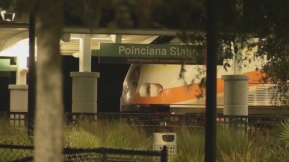 Ponto de ônibus vazio com abrigo em dia ensolarado na Flórida Central, com palmeiras e prédios baixos ao fundo