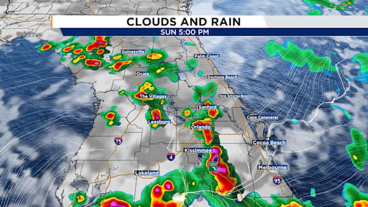 Rua suburbana da Flórida com palmeiras sob céu carregado de nuvens de tempestade se formando à tarde
