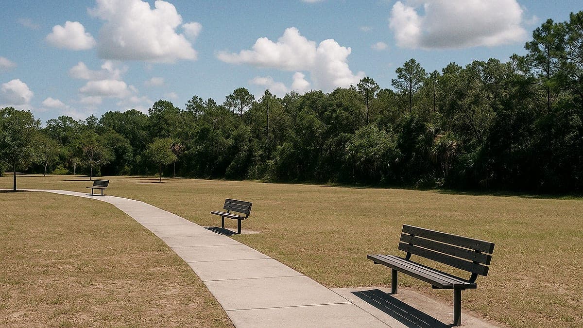 área de parque público vazio próximo a área de mata em Orange County, Flórida, com céu azul e algumas árvores
