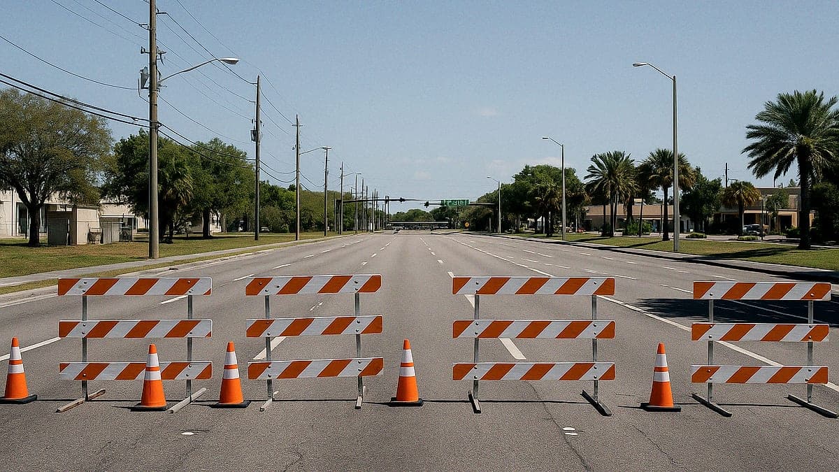 Fachada da John Young Parkway em Orlando, com várias faixas bloqueadas para o trânsito próximo à Columbia Street, sem veículos circulando