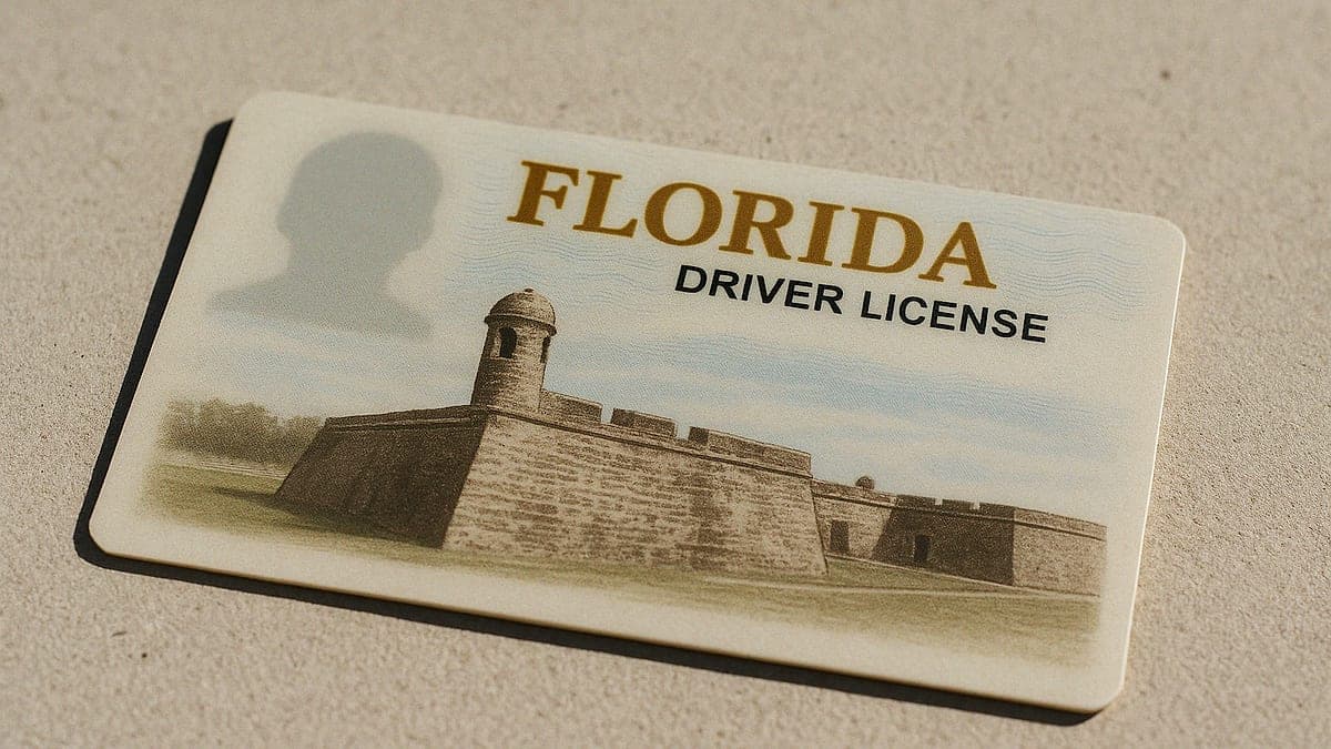 Foto em close da frente de uma carteira de motorista da Flórida mostrando a imagem da Fortaleza Castillo de San Marcos ao fundo