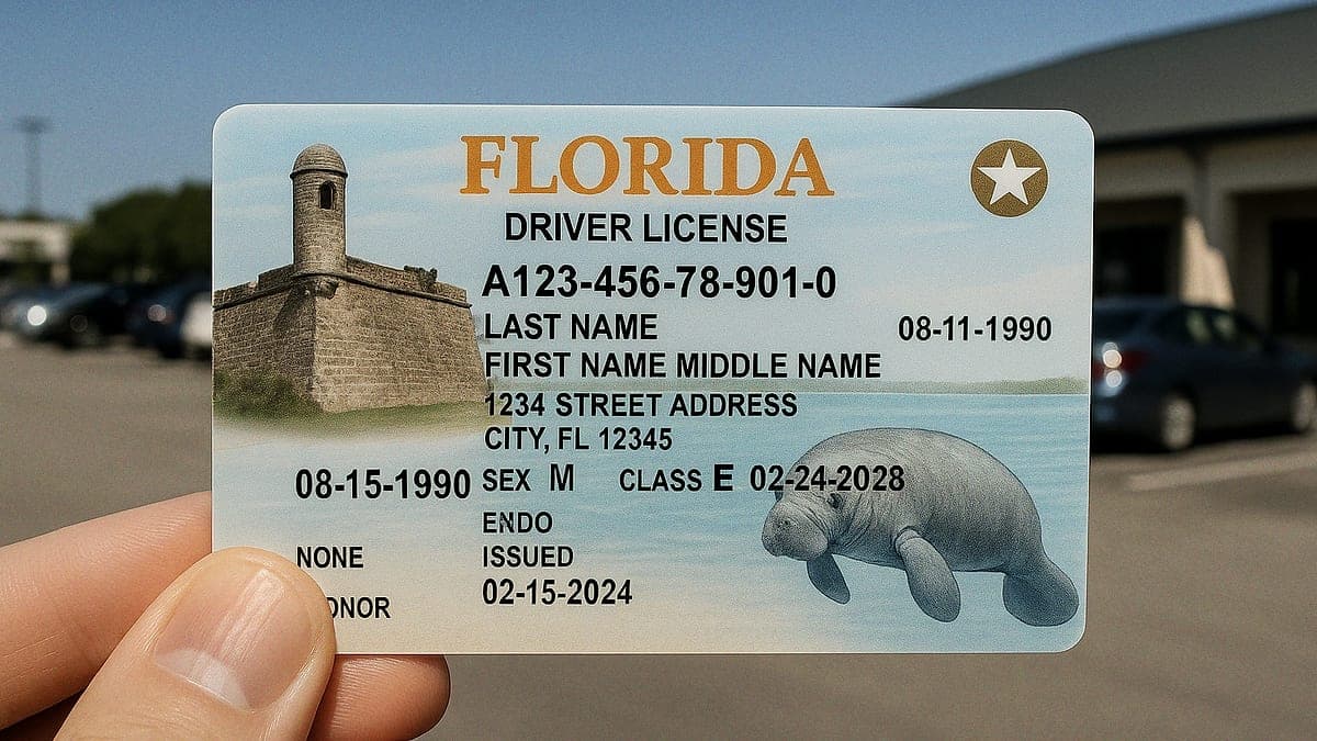 Frente da nova carteira de motorista da Flórida mostrando a fortaleza Castillo de San Marcos, o símbolo da laranja, o peixe-boi e a estrela do selo Real ID