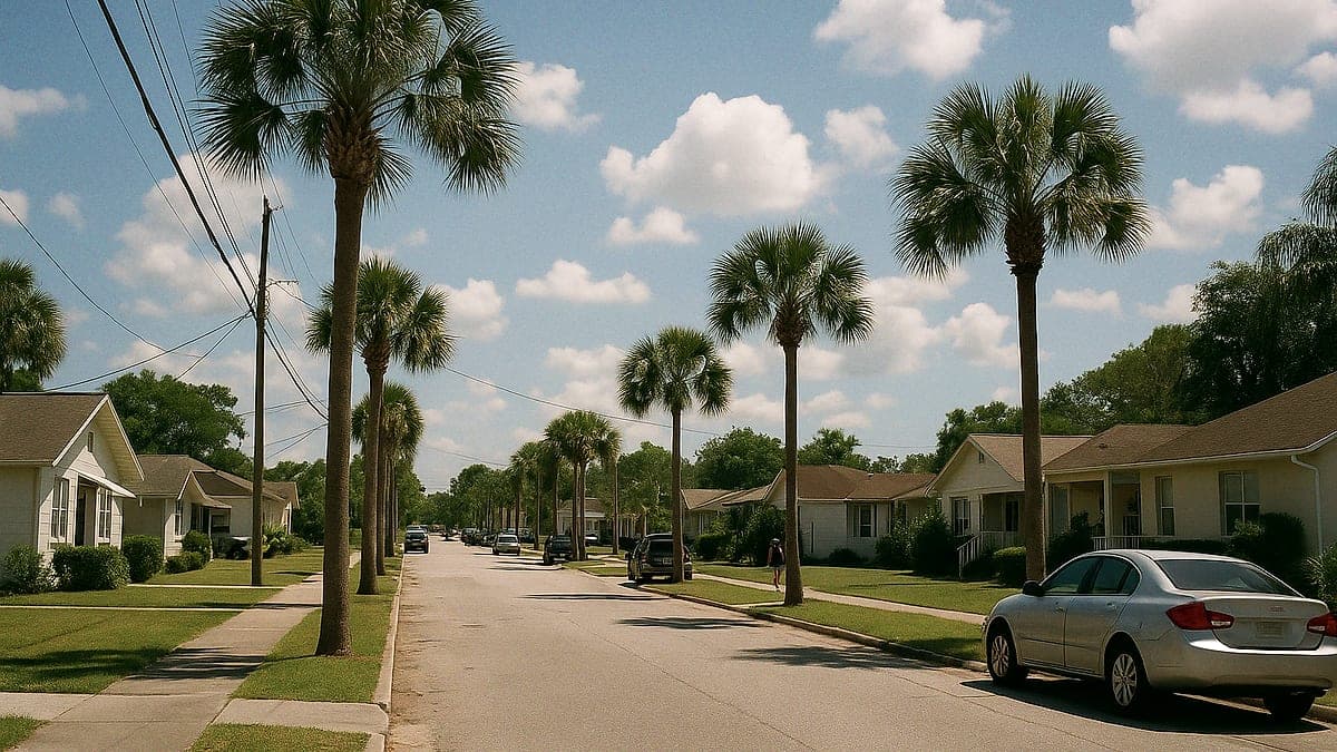 Rua residencial típica em DeLand, Flórida, com palmeiras ao longo da via e prédios baixos sob céu azul com nuvens.