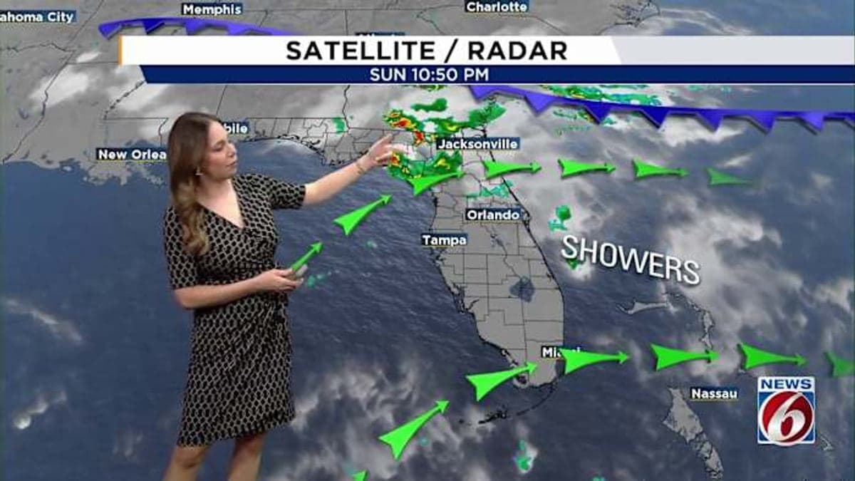 Rua larga em Orlando com palmeiras, prédios baixos de estuque com telhado de metal, céu azul com nuvens e poucas pessoas ao fundo