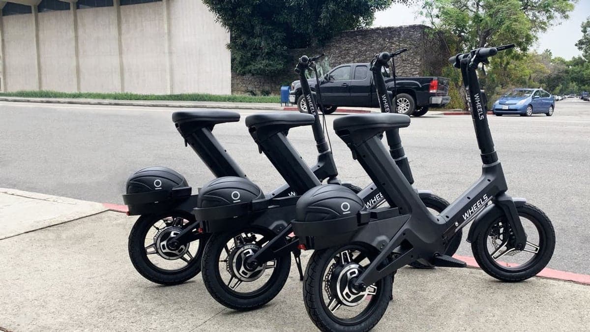 Caminho vazio no campus escolar com bicicletários, durante dia ensolarado em Orlando