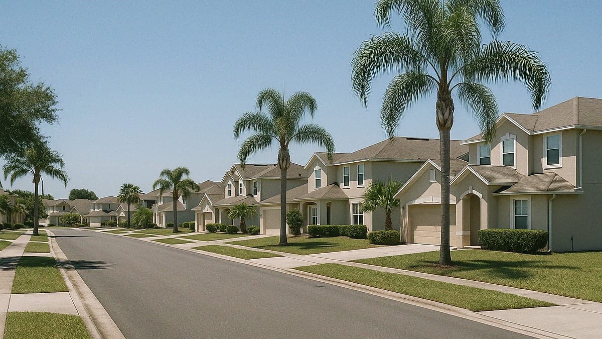 Rua residencial em Orlando com casas típicas, palmeiras e céu azul ensolarado durante o dia