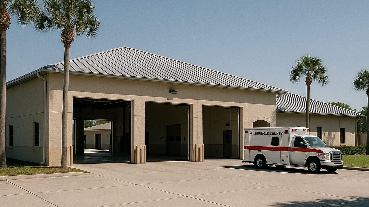 Foto da fachada de um corpo de bombeiros moderno em Seminole County com baías de garagem e árvores ao redor
