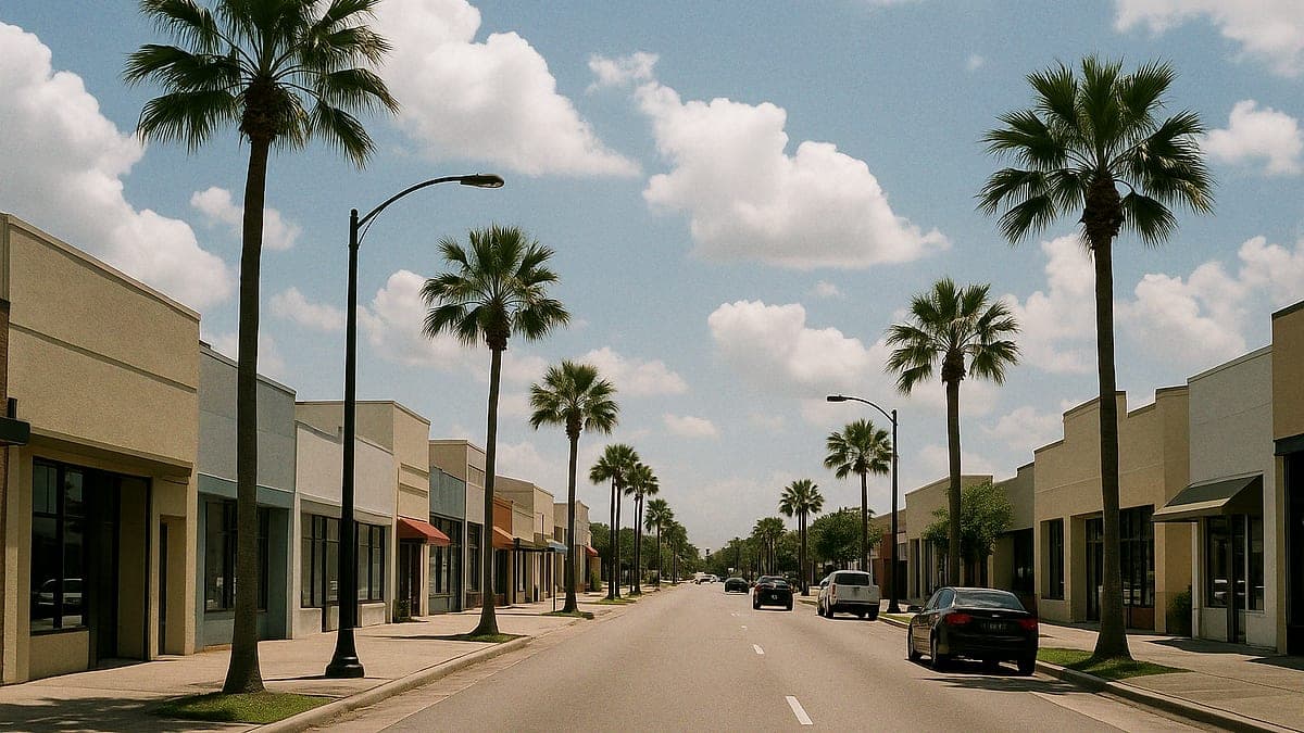 Rua urbana em Orlando com prédios comerciais, palmeiras e céu azul com nuvens