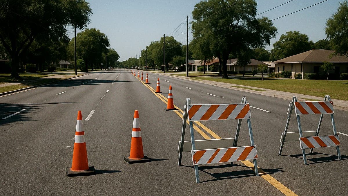 Pista fechada no sentido Leste da West Silver Springs Boulevard em Ocala, com cones de trânsito e barreiras policiais, sem veículos visíveis na via.