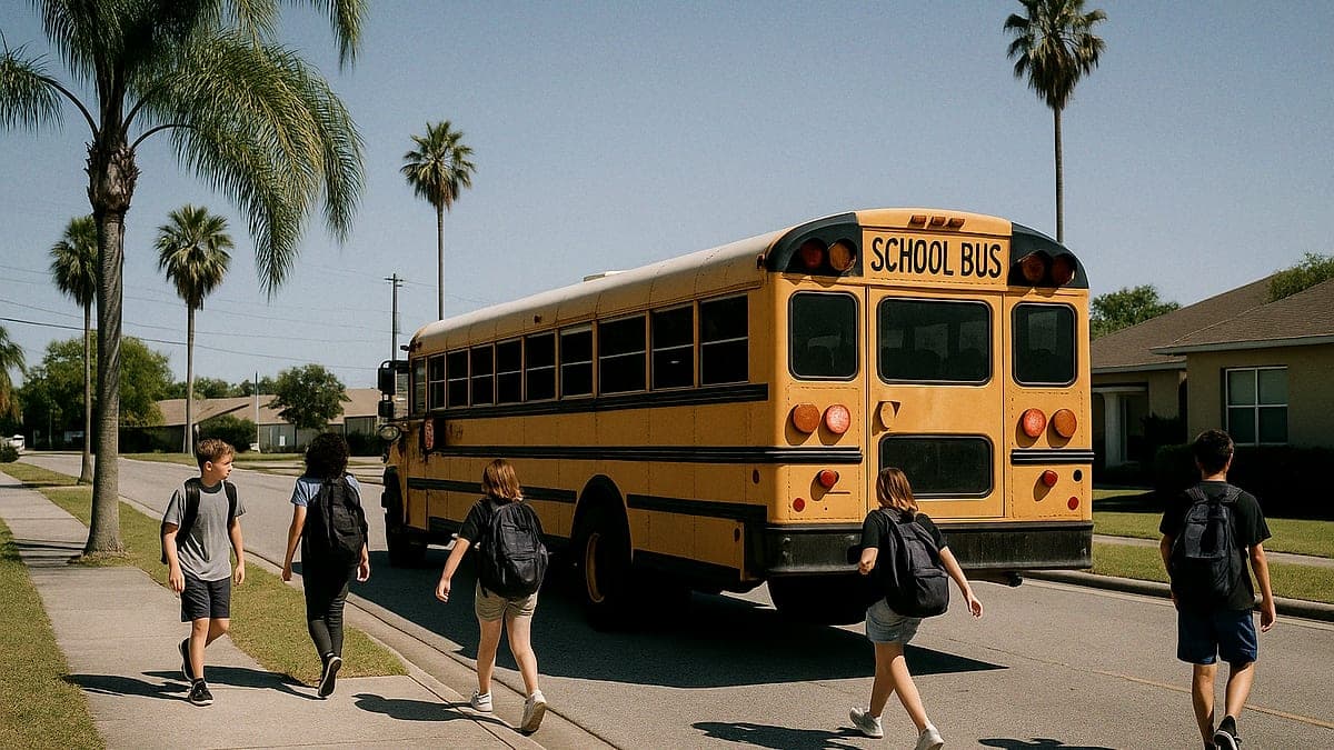 ônibus escolar parado em uma rua residencial, com alguns estudantes próximos, céu azul e edificações baixas ao fundo