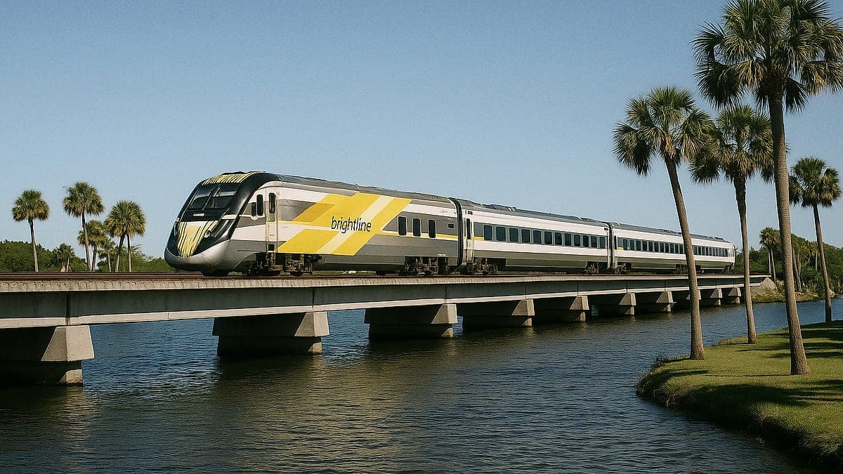 Trem Brightline passando sobre um corpo de água ao longo da costa da Flórida, com palmeiras ao fundo e céu azul claro