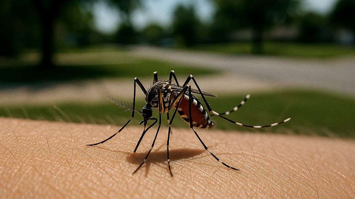 close-up da picada de um mosquito Aedes na pele humana, mostrando detalhes do inseto
