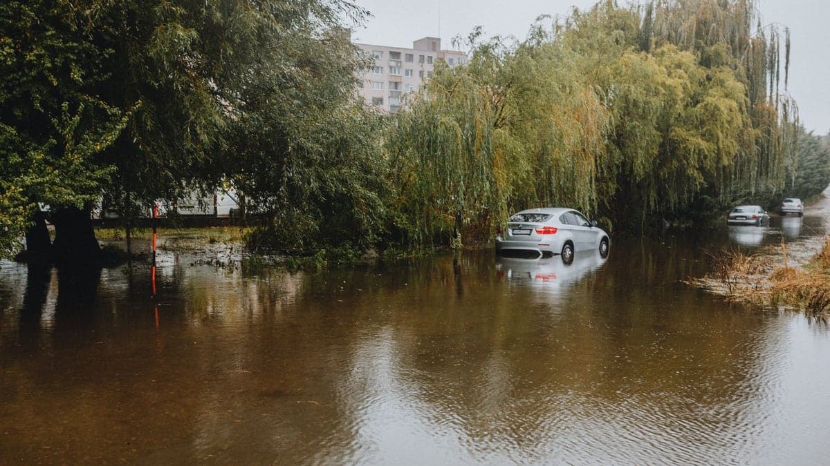 Carro branco estacionado em rua alagada com árvores ao redor durante chuva intensa
