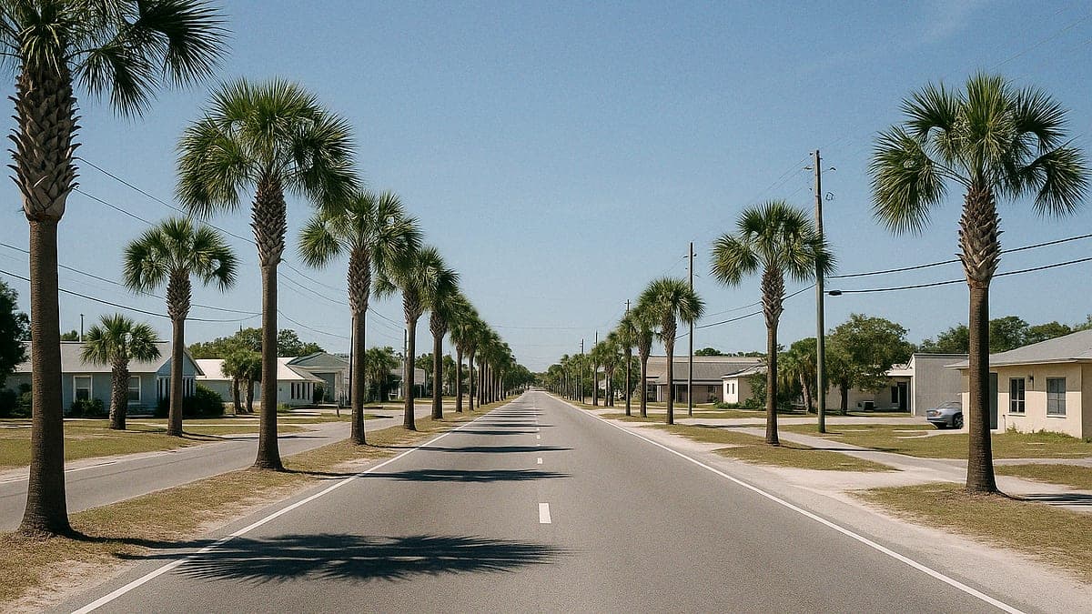 Estrada vazia com palmeiras e céu azul em Santa Rosa Beach, com edifícios baixos e pavimentação de asfalto