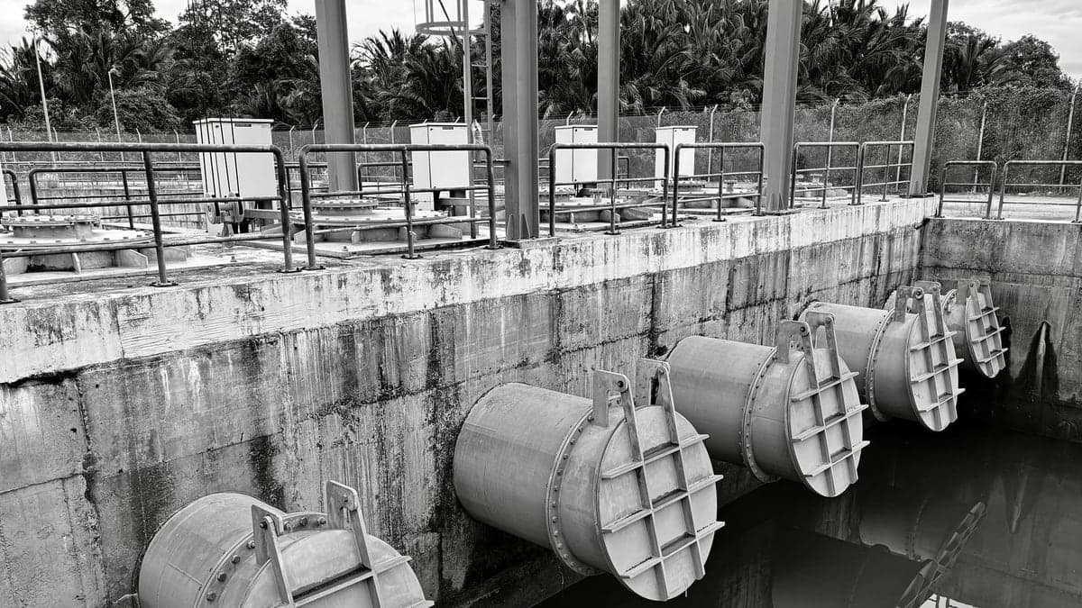 Vista de estruturas de concreto e tubulações em uma estação de tratamento de água, em preto e branco