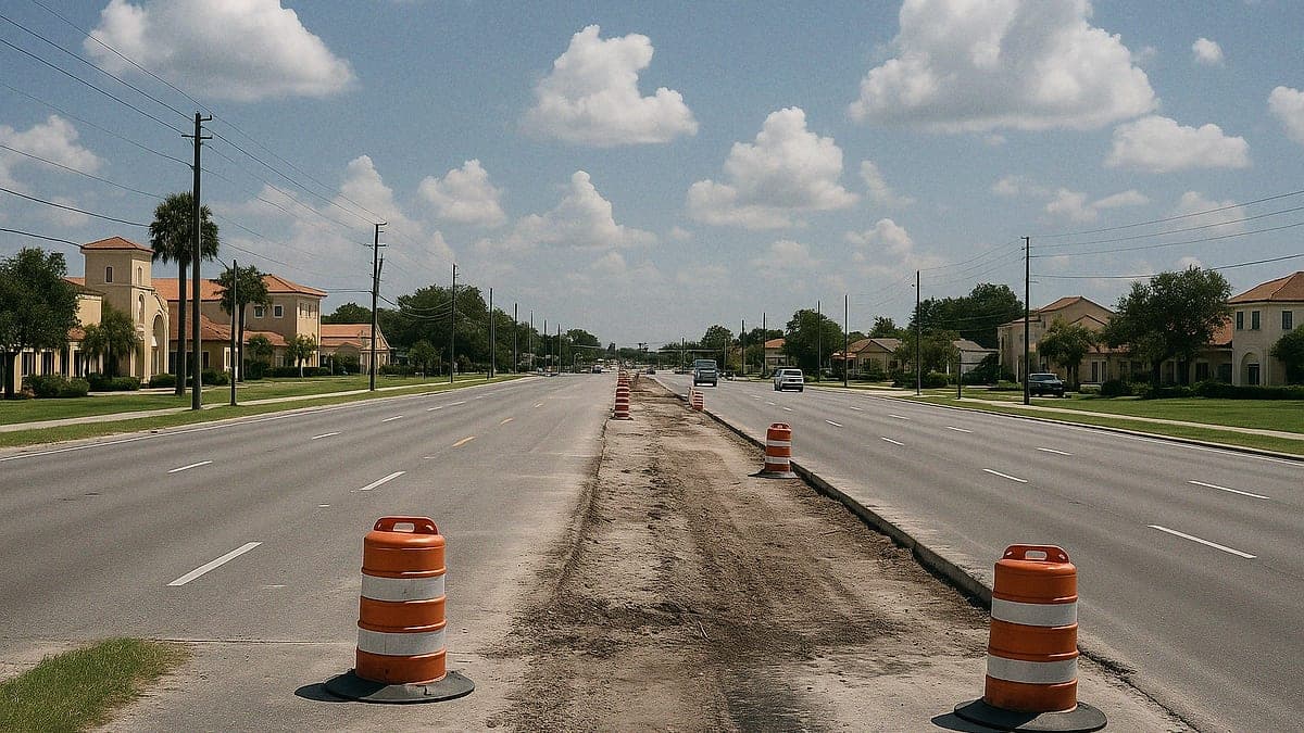 Trecho da estrada em Eatonville em fase de ampliação, com quatro faixas e céu azul com nuvens, prédios baixos ao fundo