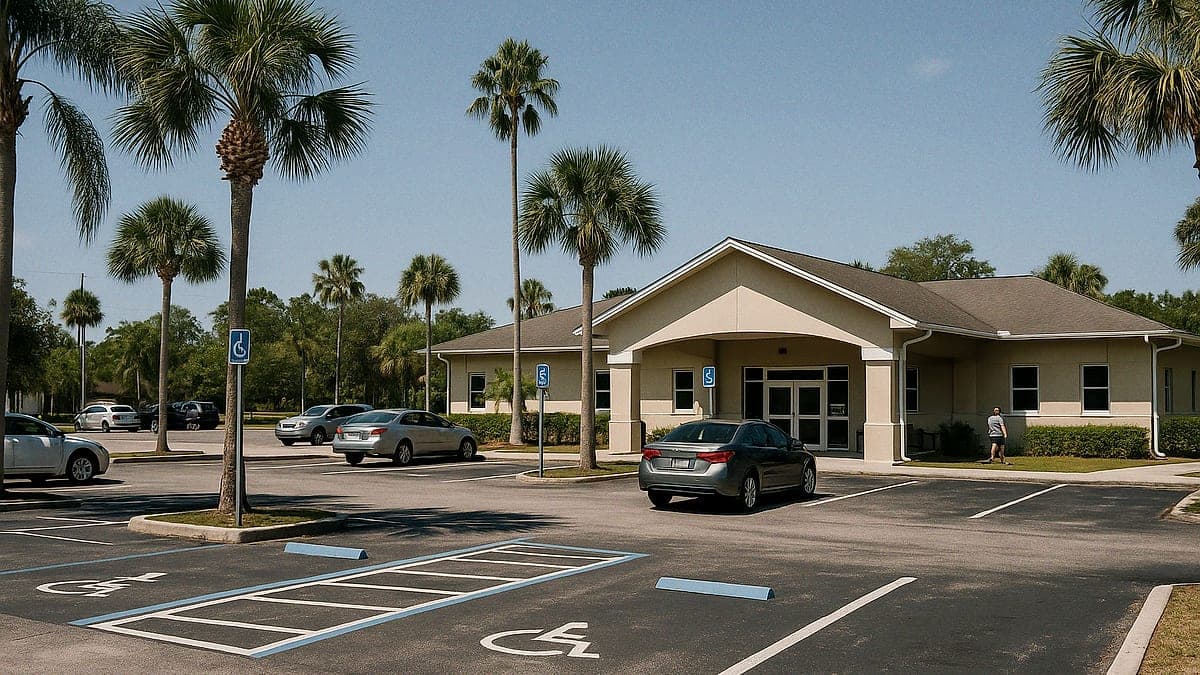 Vista externa de um centro comunitário com estacionamento acessível e palmeiras em Seminole County, Flórida