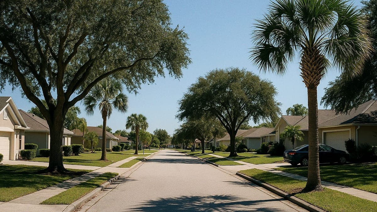 Rua residencial em Orange County, Flórida, com vegetação típica da região e céu azul claro, vista durante o dia.