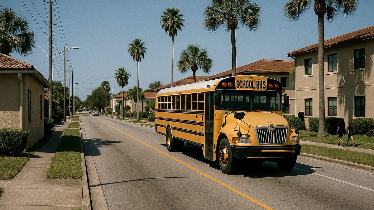 Rua suburbana em Orlando com prédios baixos, palmeiras e um ponto de ônibus escolar vazio