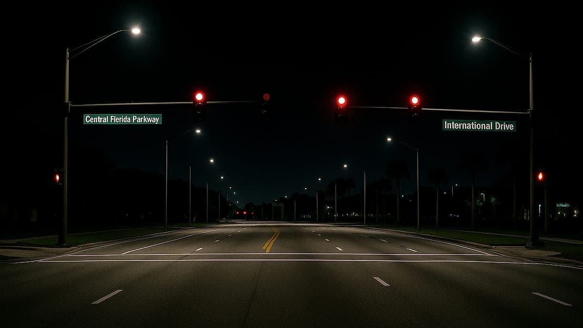 Interseção vazia entre Central Florida Parkway e International Drive à noite, com semáforos e iluminação pública, sem carros ou pessoas visíveis