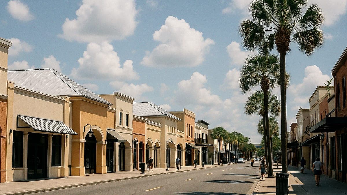 Rua do centro de Orlando durante o dia, com palmeiras, prédios baixos de estuque e telhados de metal, sob céu azul com nuvens cumulus