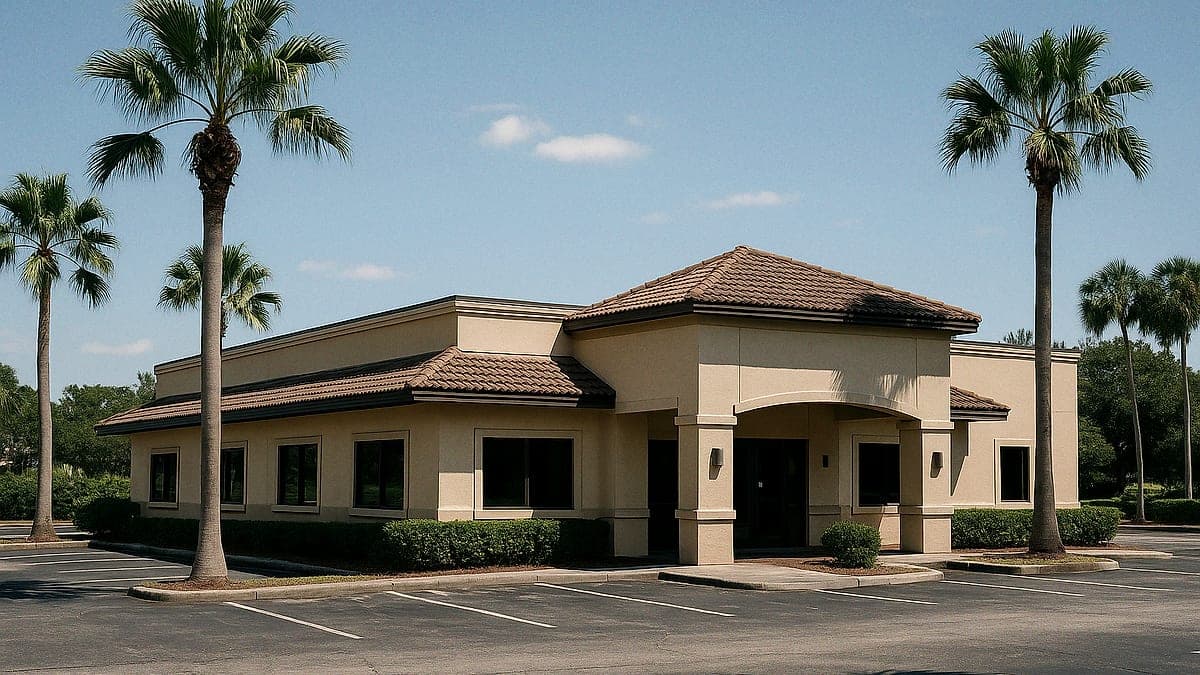 Fachada de restaurante vazio em Orlando, com céu azul e palmeiras ao redor, sem pessoas na cena