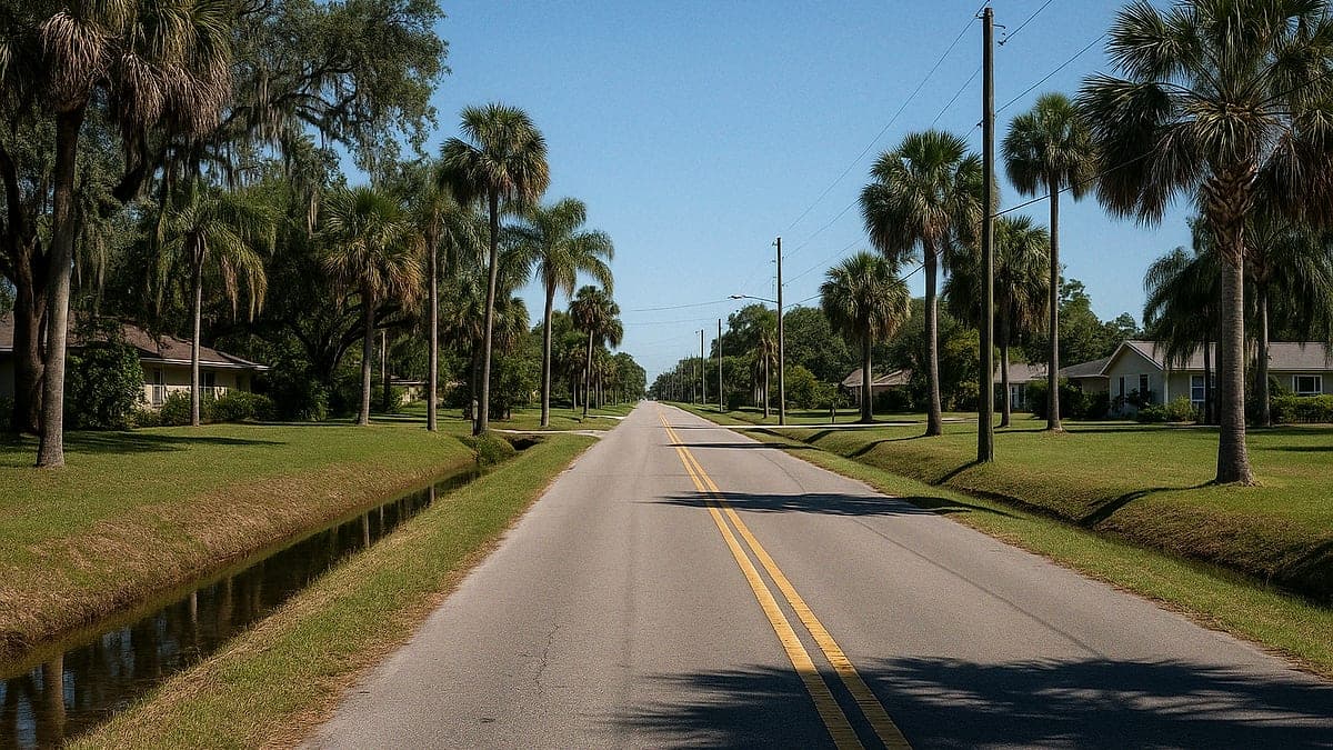 Vista de uma rua suburbana com canais de drenagem visíveis e árvores tropicais sob sol forte e céu azul