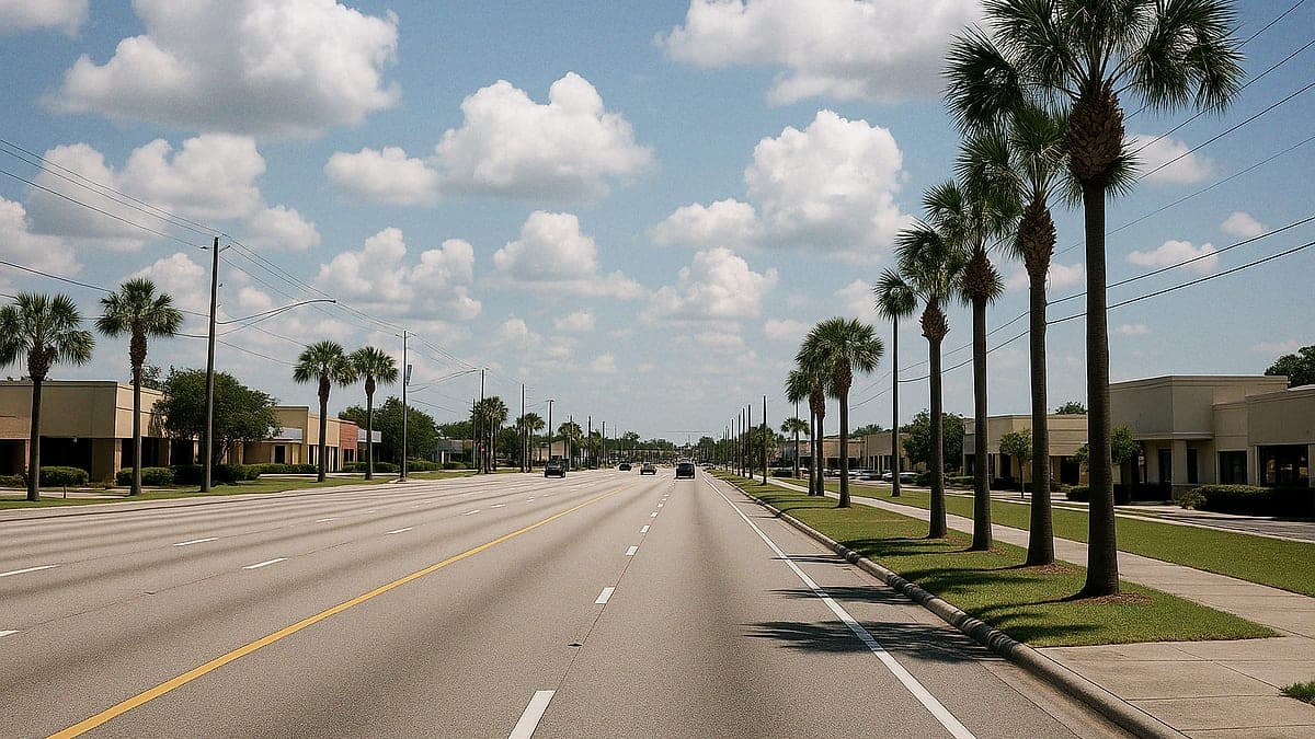 Vista da John Young Parkway em Orlando com via larga, calçadas, palmeiras e prédios baixos sob céu azul com nuvens
