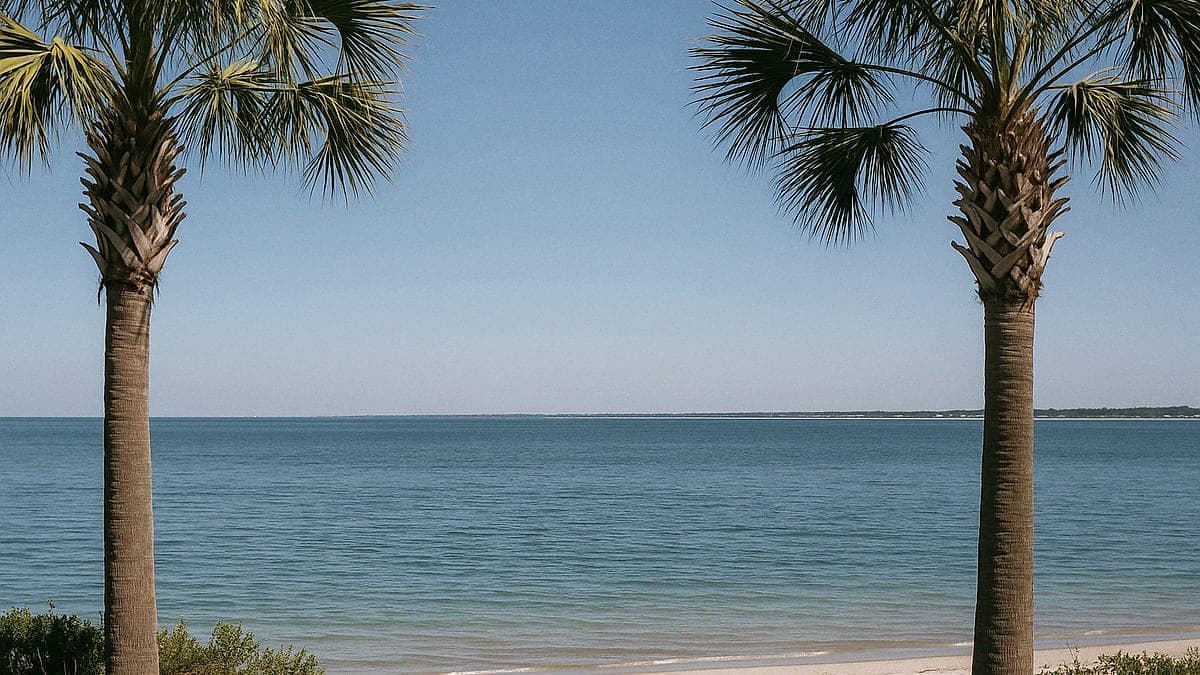Imagem do Golfo do México com céu claro, água calma e palmeiras ao redor, típica paisagem da Flórida subtropical.