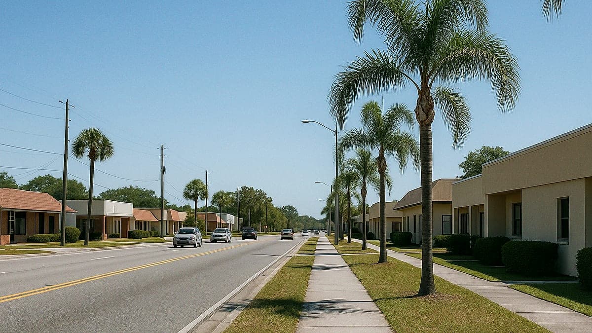 Rua suburbana em Seminole County, Flórida, com prédios baixos, palmeiras, calçada e poucos carros sob céu azul