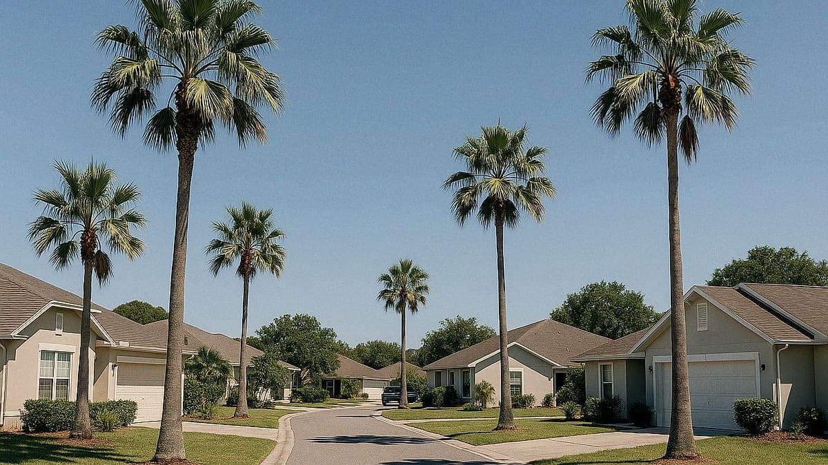 Rua residencial da Flórida com palmeiras e céu azul em dia ensolarado.