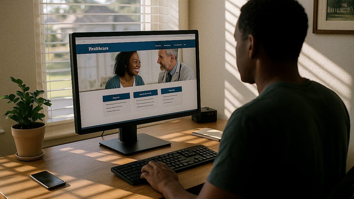 Pessoa usando um computador em casa acessando o site oficial do Health Insurance Marketplace para inscrição no plano de saúde
