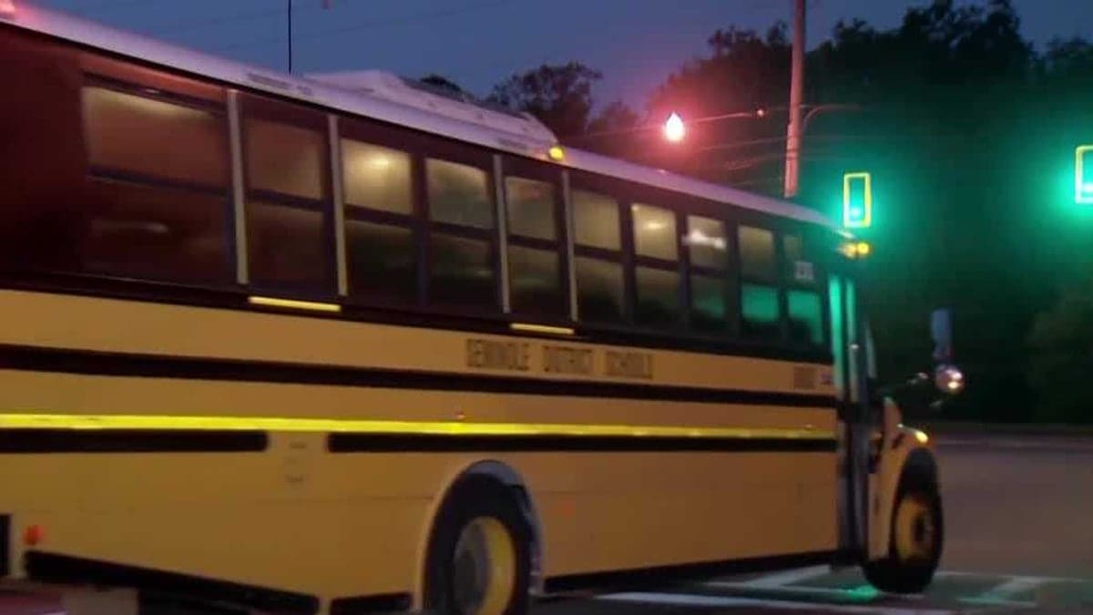 Ponto de ônibus escolar em bairro residencial mostrando um ônibus amarelo estacionado numa rua com casas e árvores ao redor.