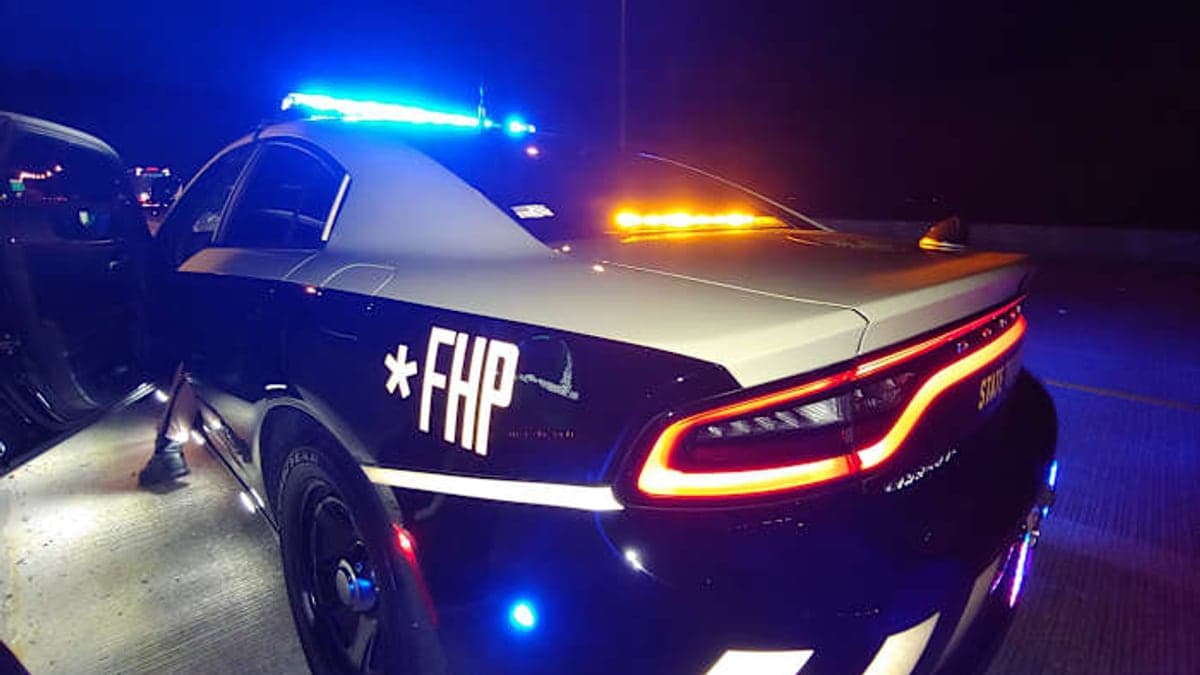 Trecho vazio da estrada Apopka Vineland Road em Orlando, com palmeiras nas laterais e céu claro, sem veículos aparente