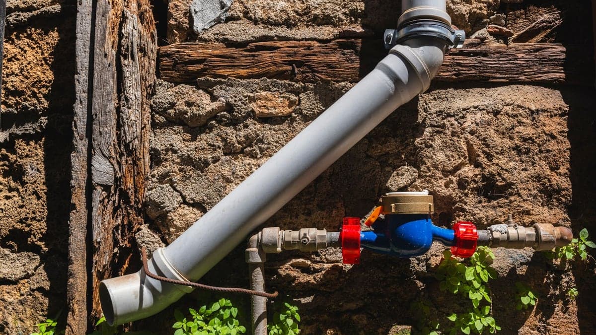 Medidor de água instalado em parede externa com canos e vegetação ao redor