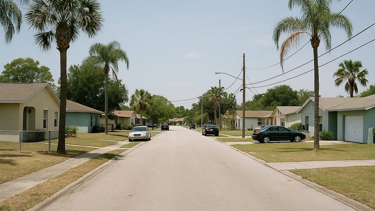 Rua residencial no bairro de Pine Hills com casas de um andar, palmeiras e céu ensolarado