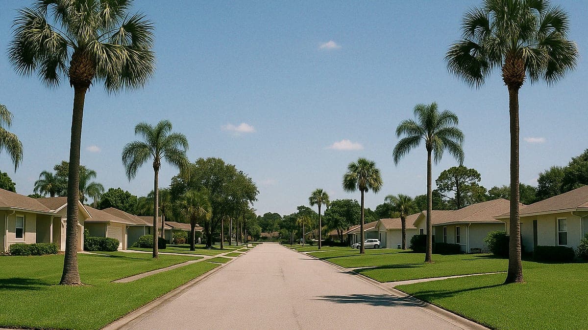 Rua residencial no Condado de Seminole com árvores, grama verde, casas baixas e céu azul ao fundo