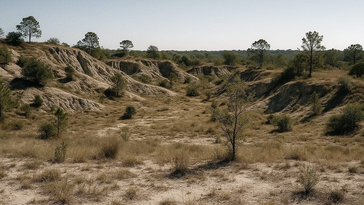 Terreno montanhoso e árido no norte da Etiópia, com vegetação escassa e céu claro, sem pessoas visíveis