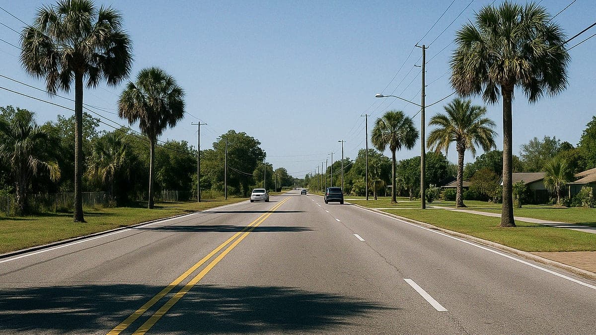 Foto da estrada Welch Road próxima à Rock Springs Road em Apopka, mostrando a superfície da via e palmeiras ao redor sob céu azul.