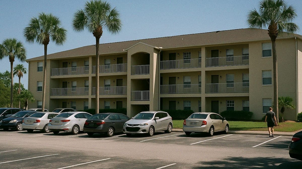 Fachada de prédio de apartamentos com estacionamento e palmeiras ao redor em área suburbana de Orlando sob sol forte