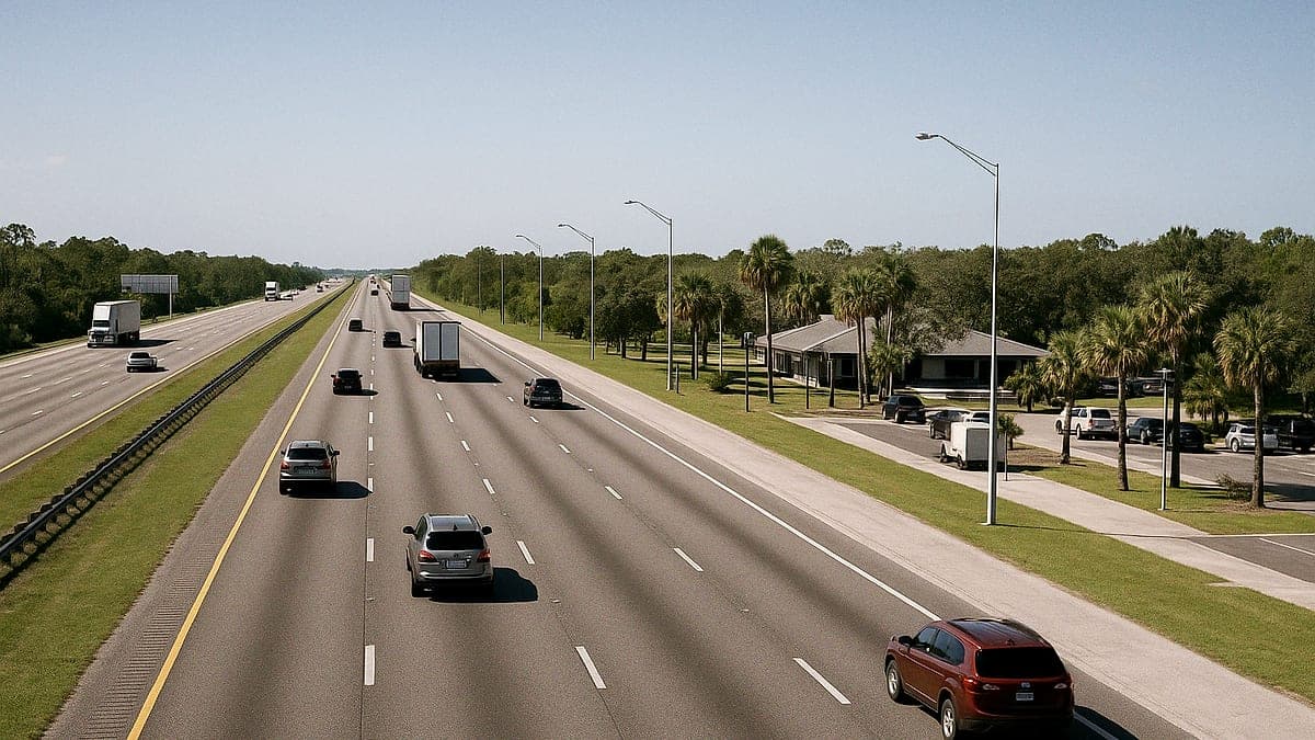 Rodovia Interstate 95 em Brevard County com várias faixas de trânsito e área de descanso ao lado, sob céu claro durante o dia