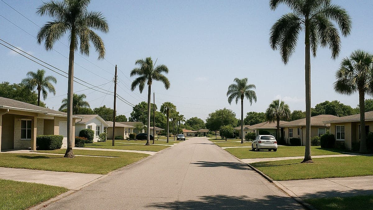 Rua residencial suburbana com casas térreas e palmeiras sob céu azul, em área típica da Flórida Central