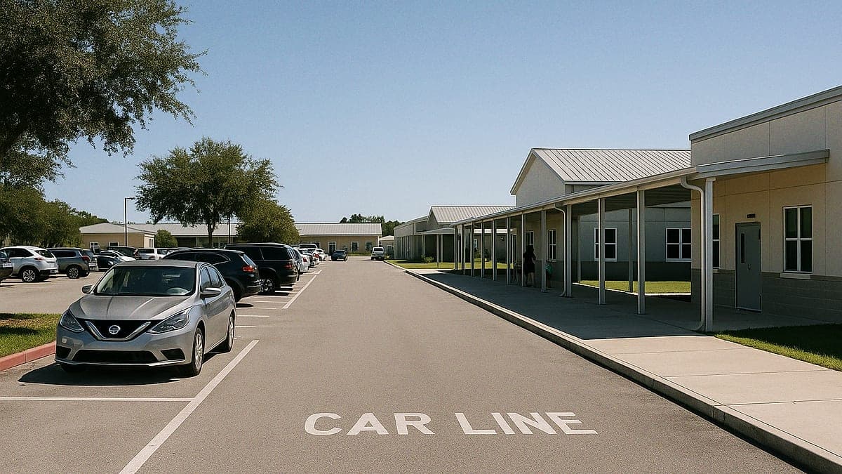 área de retirada de carro do Cherry Lake Prep com edifícios escolares e estacionamento sob céu claro