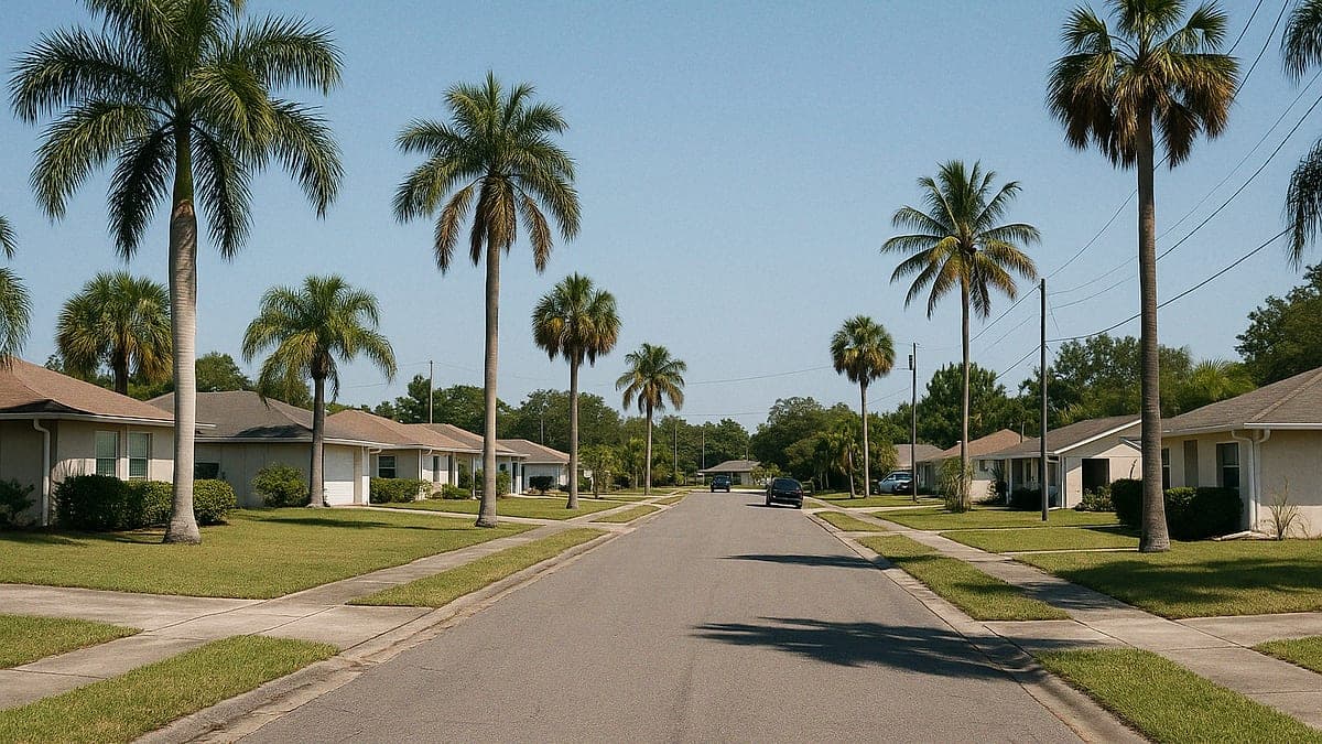 rua residencial em Groveland com casas térreas, palmeiras e céu azul, visto durante o dia