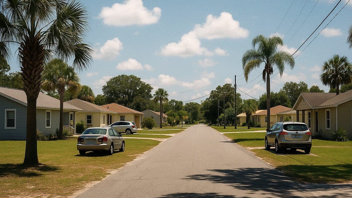 Imagem de uma rua residencial em Lake Helen, mostrando casas térreas, palmeiras, grama e alguns carros estacionados sob sol forte