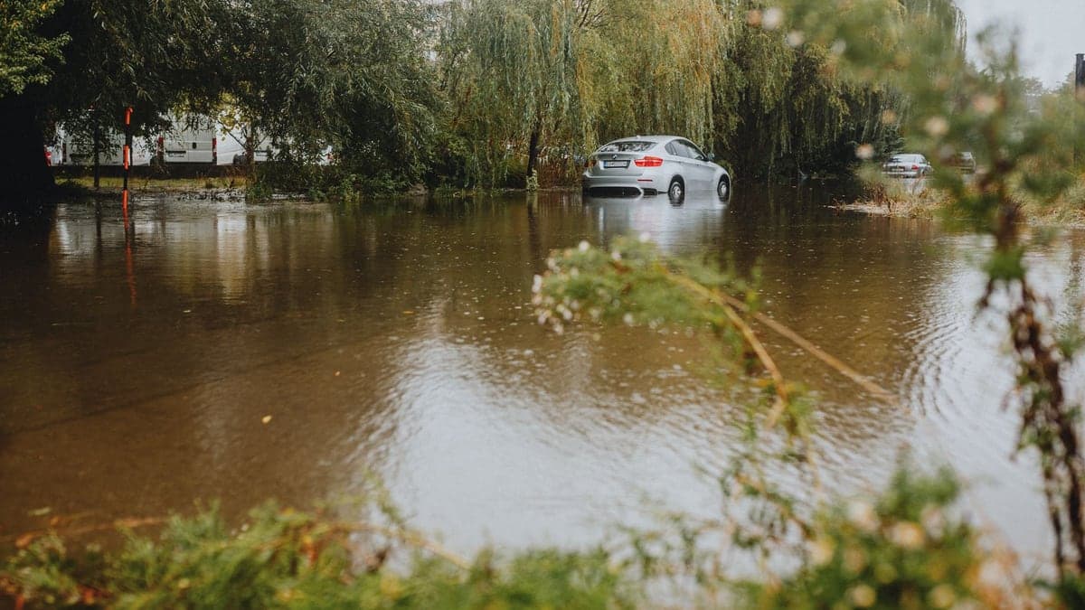 Carro parcialmente submerso em rua alagada com árvores ao redor, retratando as consequências das enchentes