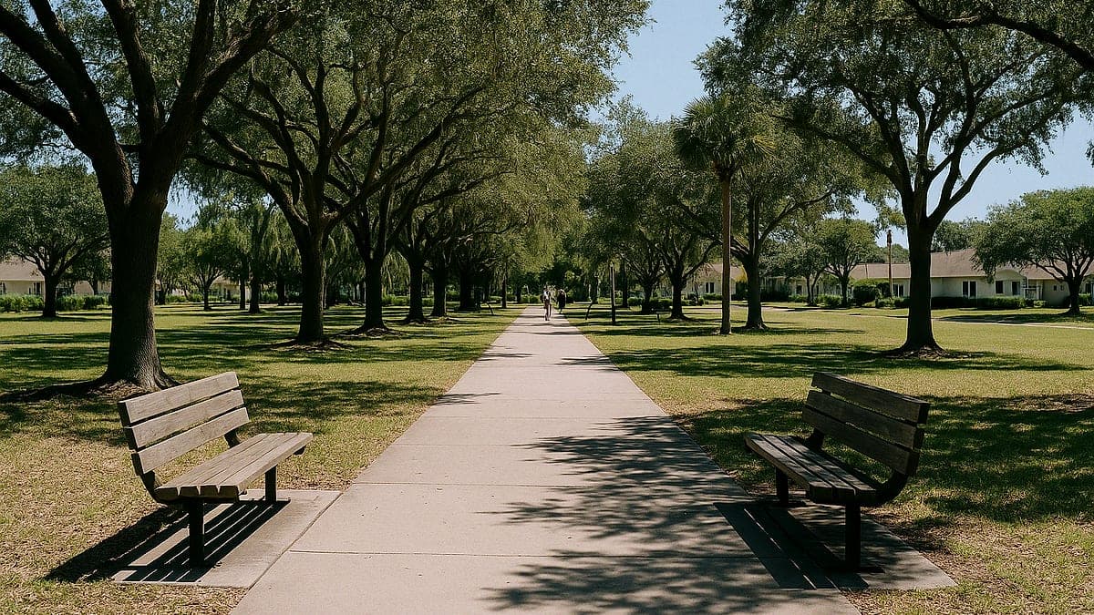 Caminho em parque da cidade com árvores e bancos ao lado durante o dia, mostrando um espaço público típico em comunidade suburbana da Flórida.