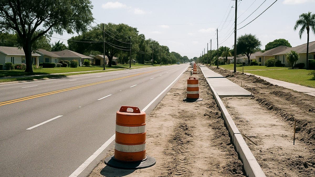Trecho da West Mitchell Hammock Road com duas faixas em cada sentido, calçadas em construção e residências próximas